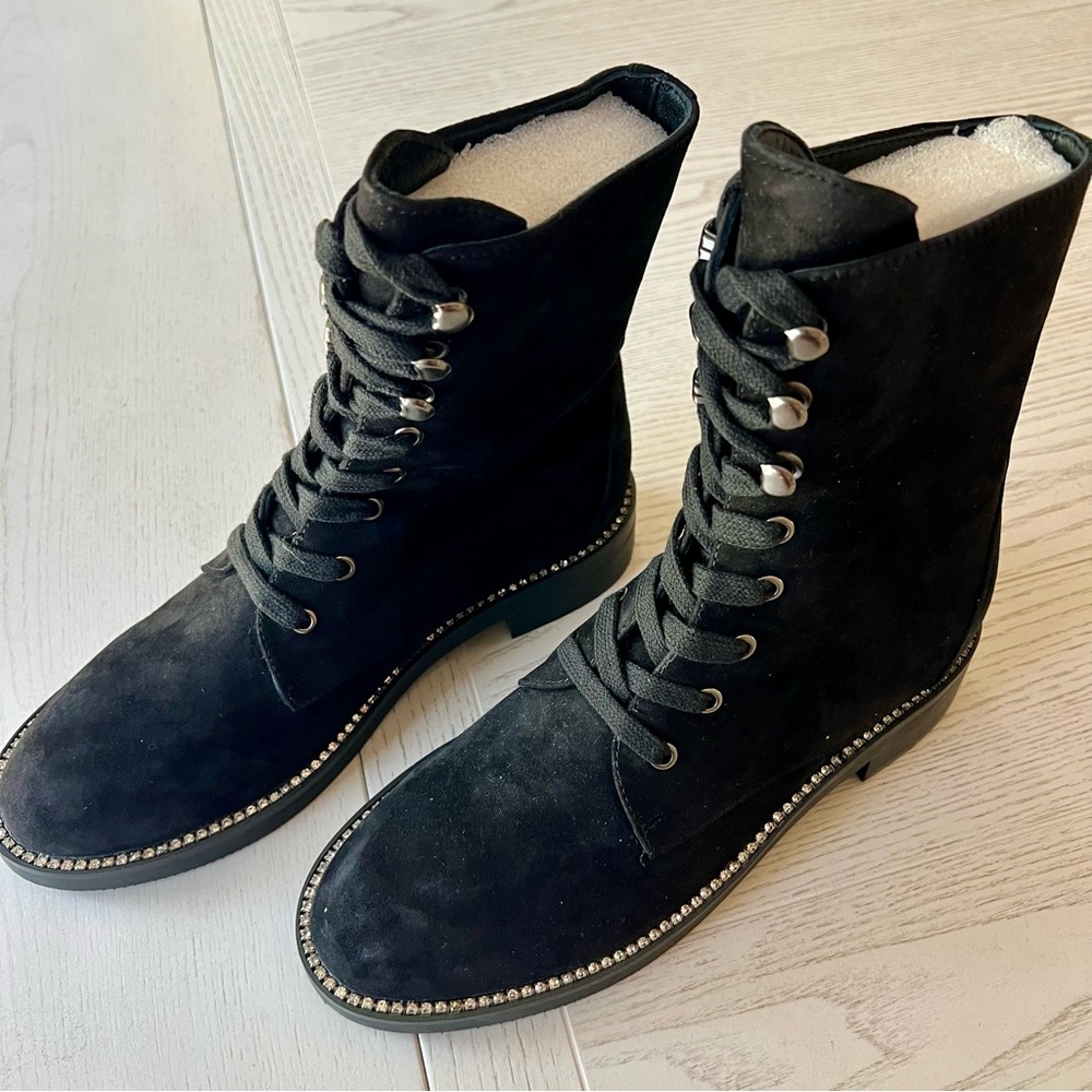 Black Suede Lace Up  Boots Sz 7/7.5 (38) Motorcycle Boots with Studs